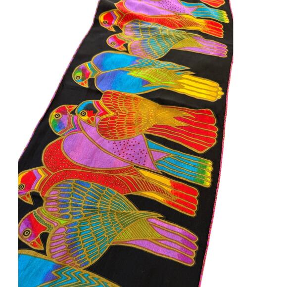 Laurel Burch Accessories - Lauren Burch Vibrant Birds Silk Scarf Multicolor Art Deco Tropical Print Black